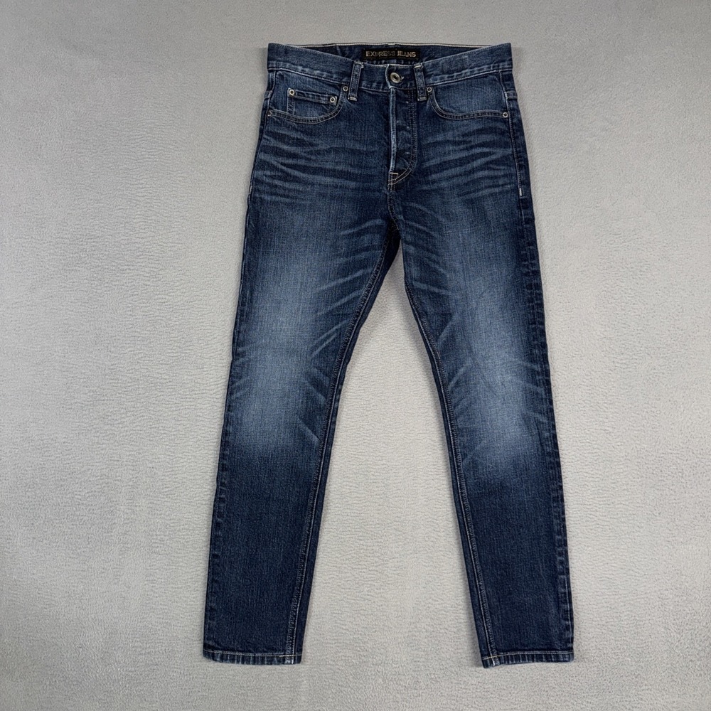 Express Jeans Mens 29x30 (Fits 30x27) Blue Slouchy Slim Fit Distressed Denim